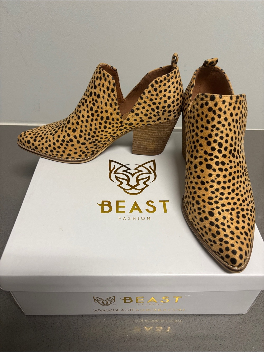 BEAST FASHION Tan and Black Spotted Pointed Ankle Booties